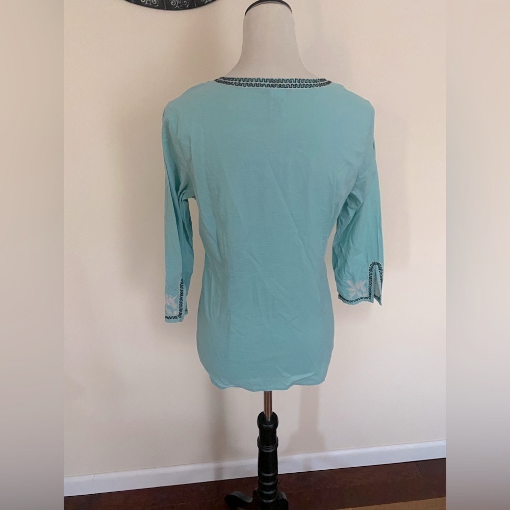 Geoffrey Beene 100% Cotton Embroidered 3/4 Length Sleeve Tunic Style Teal Top - Picture 5 of 5